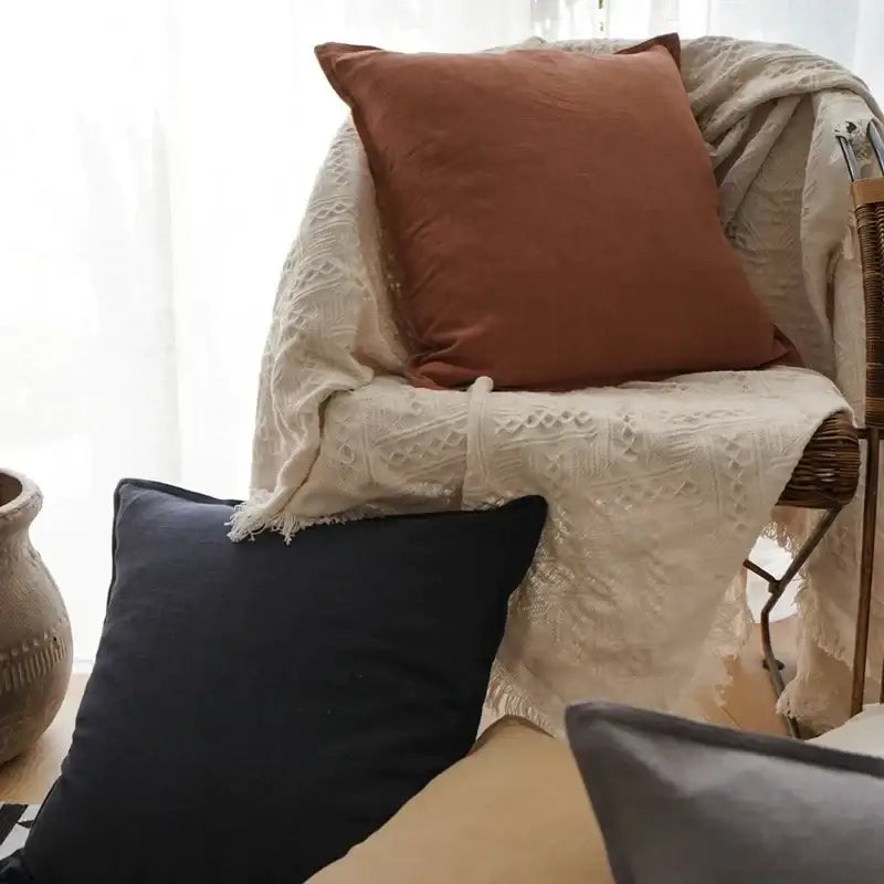 Fringed linen pillow cover ivory & grey living room decor