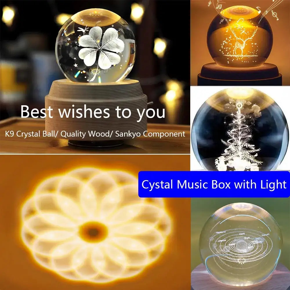 Galaxy crystal ball music box bedroom rotating wooden light glow