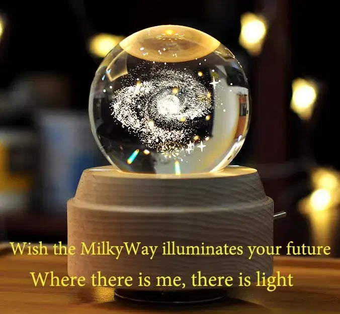 Galaxy crystal ball music box bedroom rotating wooden light glow