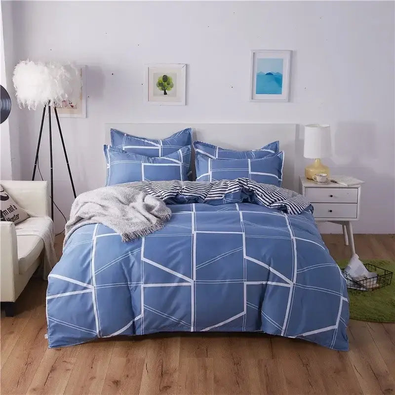 Geometric blue & white king size duvet set bedroom bedding