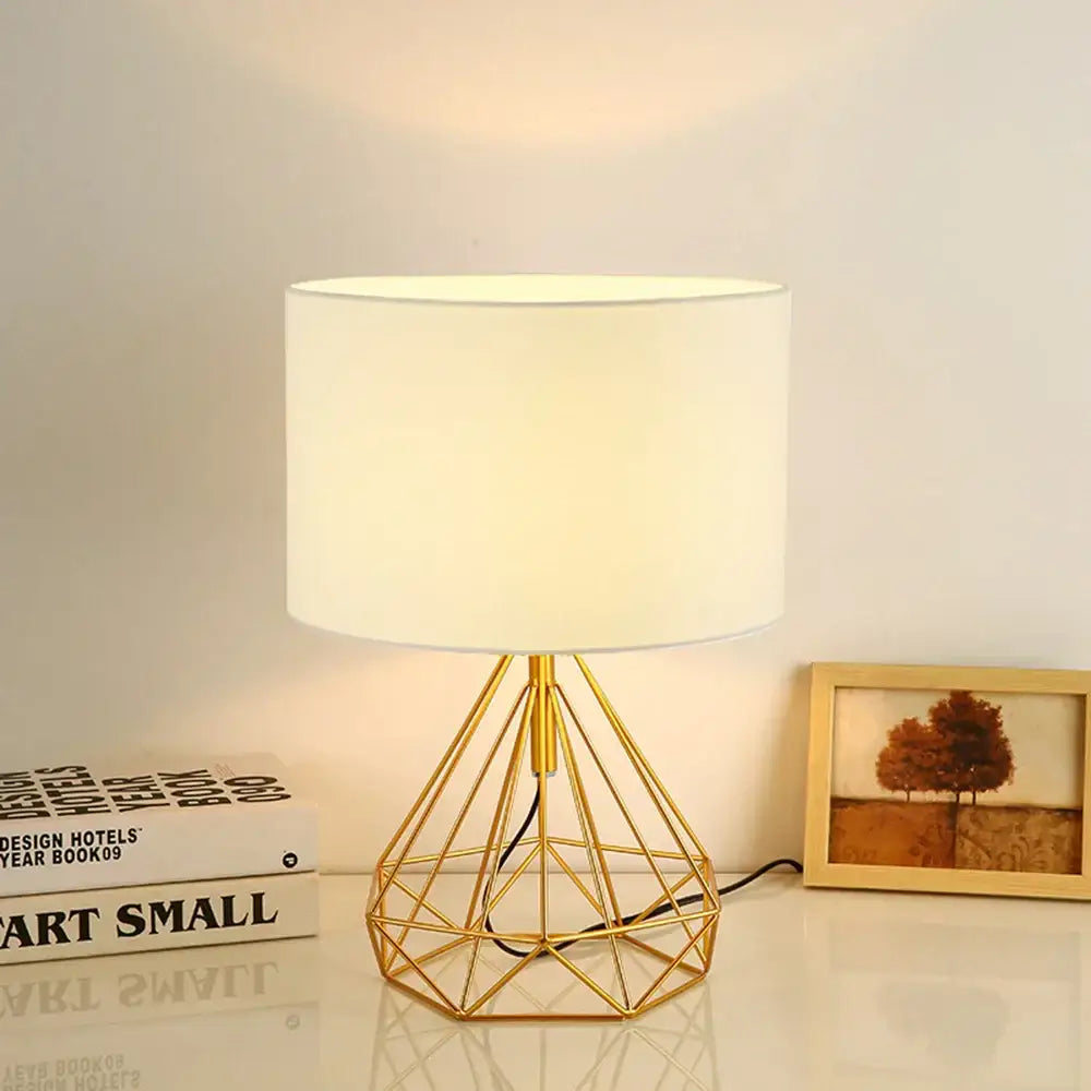 Geometric brass and linen fabric led desk lamp bedroom night light