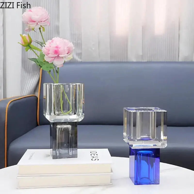 Geometric crystal glass vase with artificial flowers living room decor