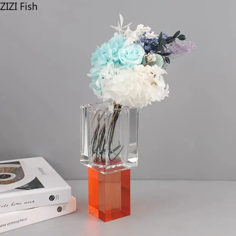 Geometric crystal glass vase with artificial flowers living room decor