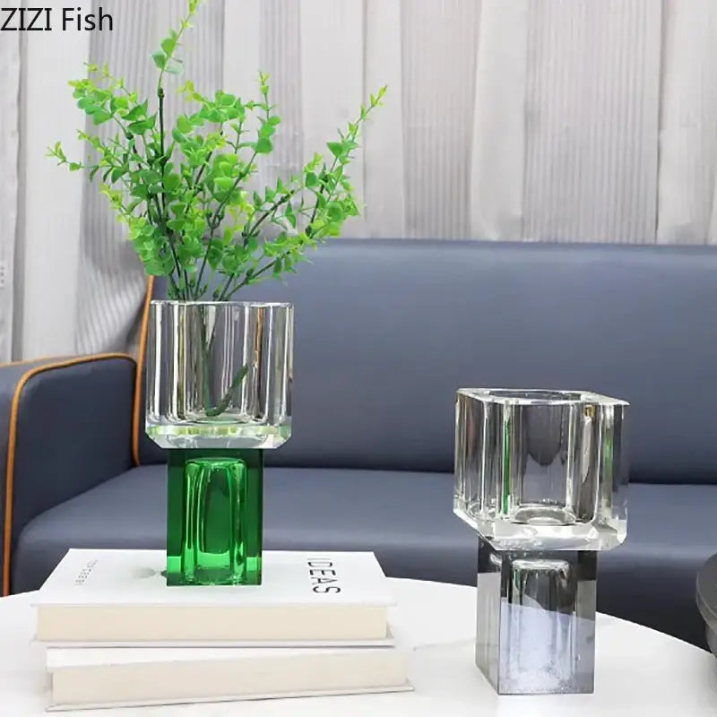 Geometric crystal glass vase with artificial flowers living room decor