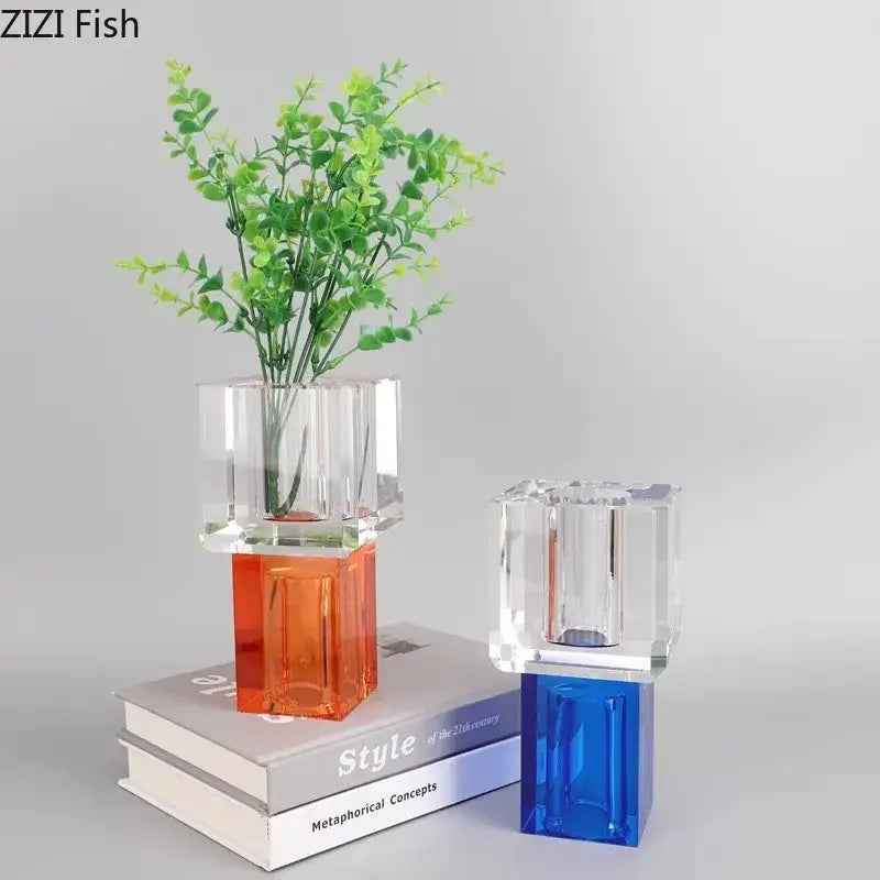 Geometric crystal glass vase with artificial flowers living room decor