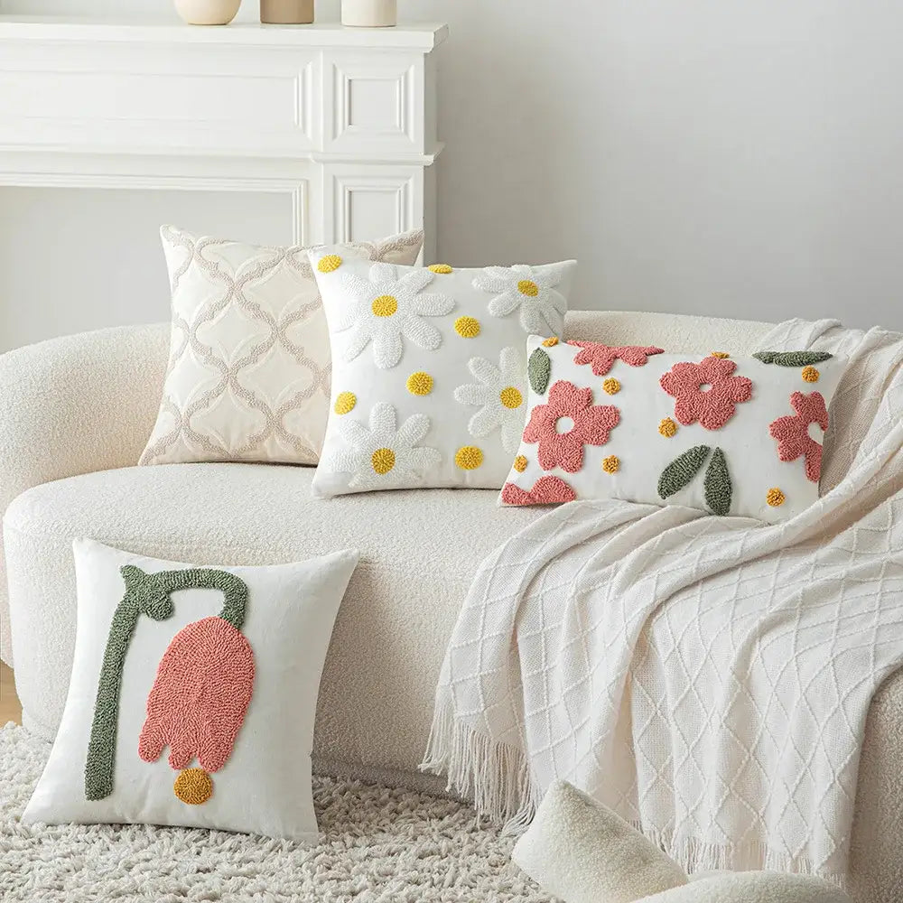 Geometric embroidery beige & taupe cushion cover living room pillow