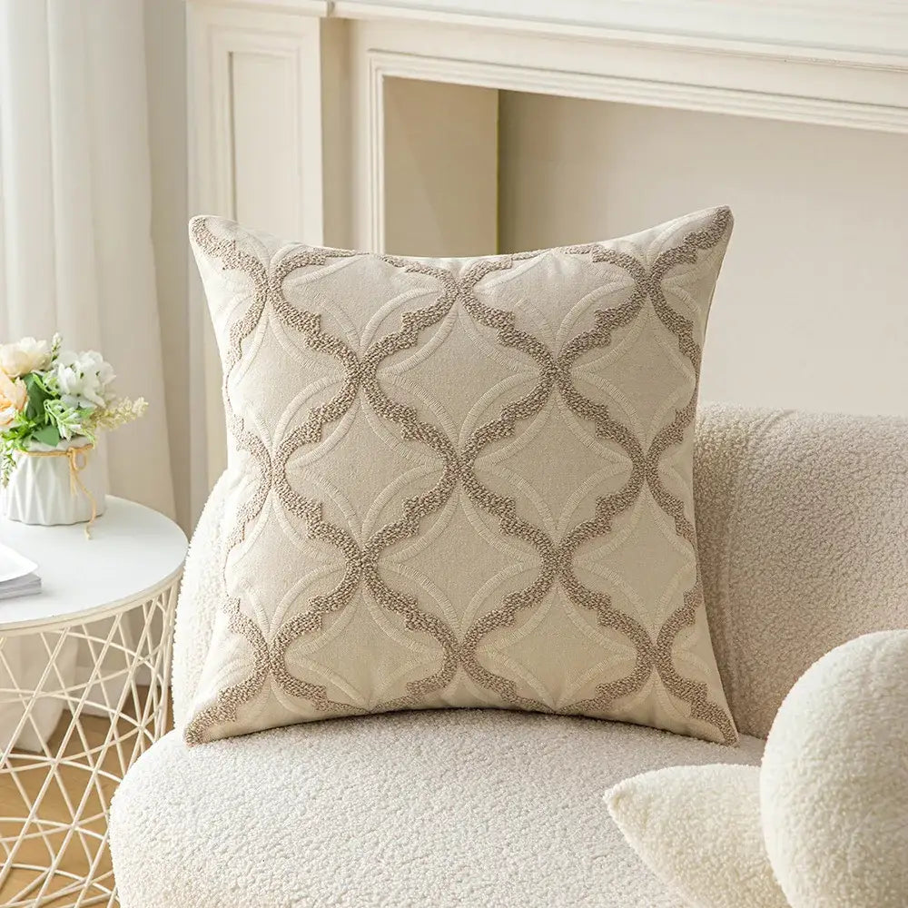 Geometric embroidery beige & taupe cushion cover living room pillow