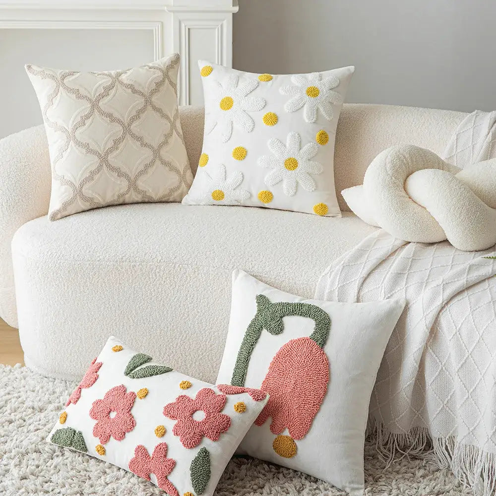 Geometric embroidery beige & taupe cushion cover living room pillow