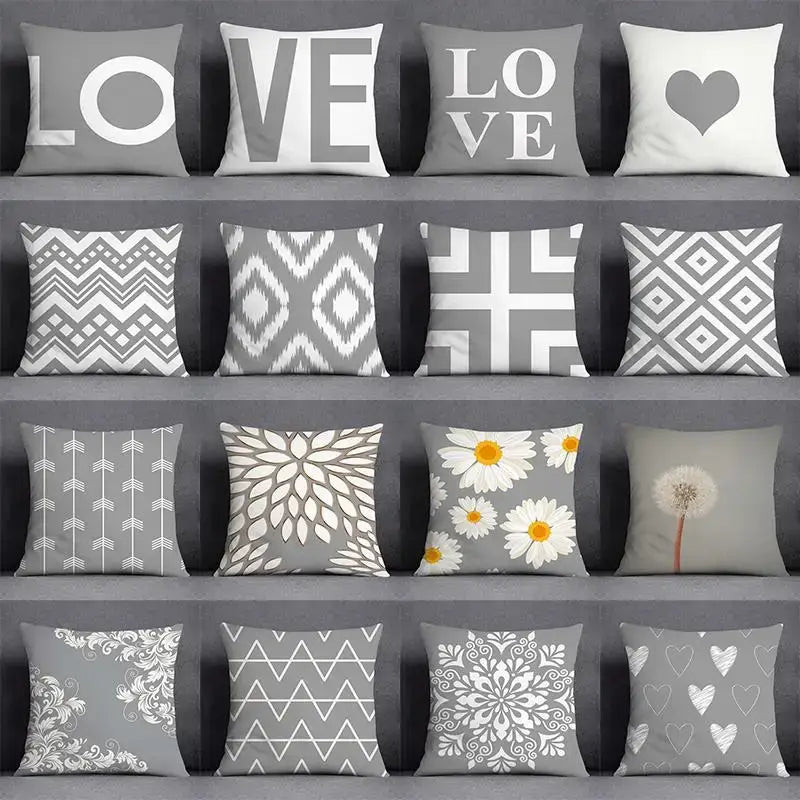 Geometric floral print gray & white pillow case living room decor