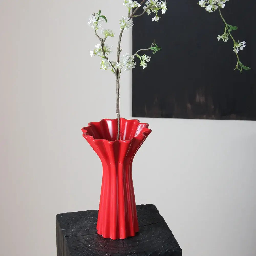 Geometric fold pattern red ceramic vase living room decor with twine