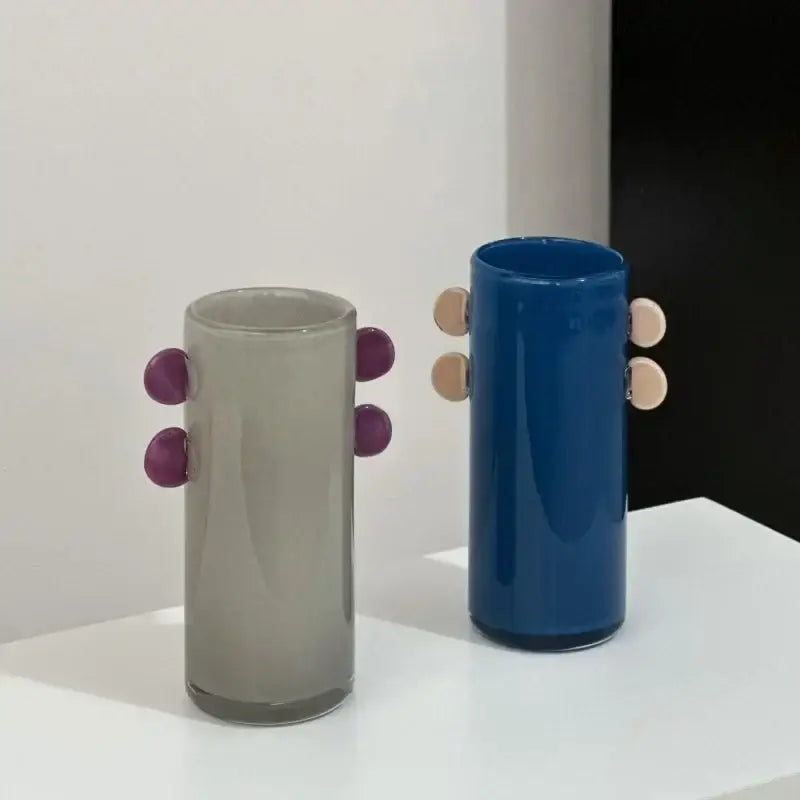 Geometric glass vase with color patches and handles living room decor
