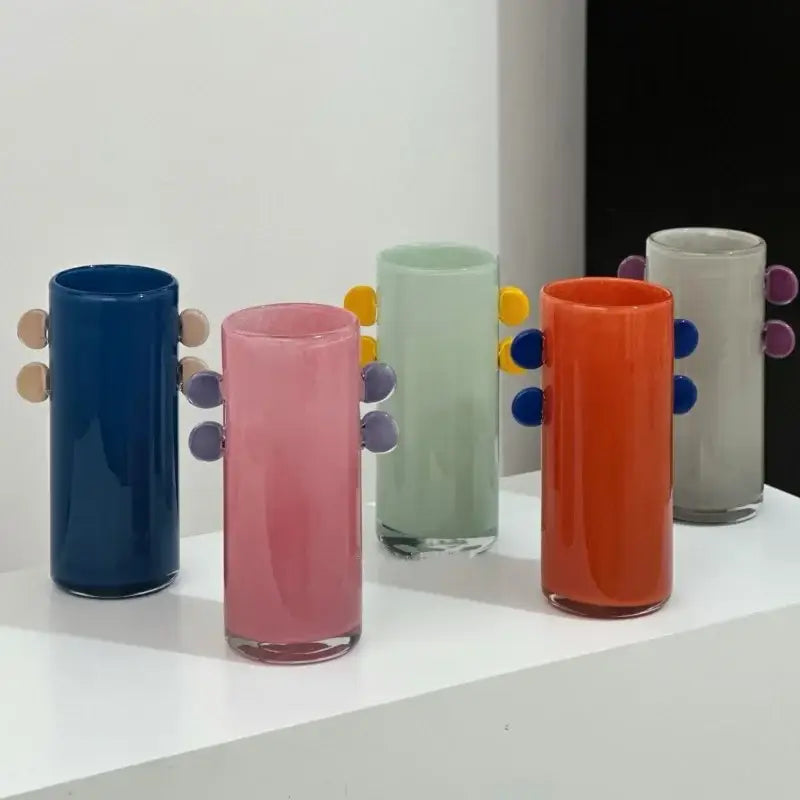 Geometric glass vase with color patches and handles living room decor