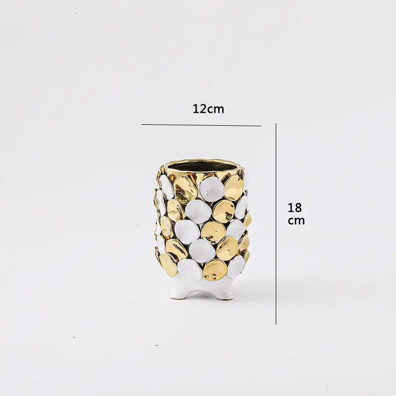 Geometric gold leaf relief ceramic vase white & gold living room decor