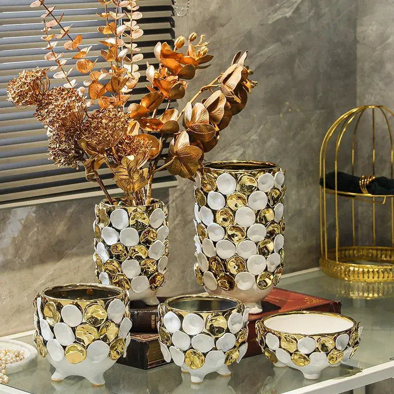 Geometric gold leaf relief ceramic vase white & gold living room decor