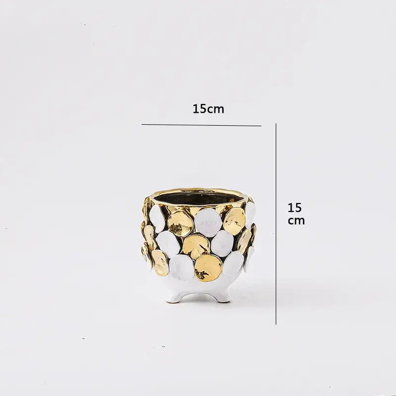 Geometric gold leaf relief ceramic vase white & gold living room decor