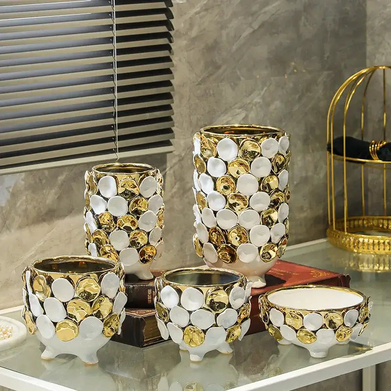 Geometric gold leaf relief ceramic vase white & gold living room decor