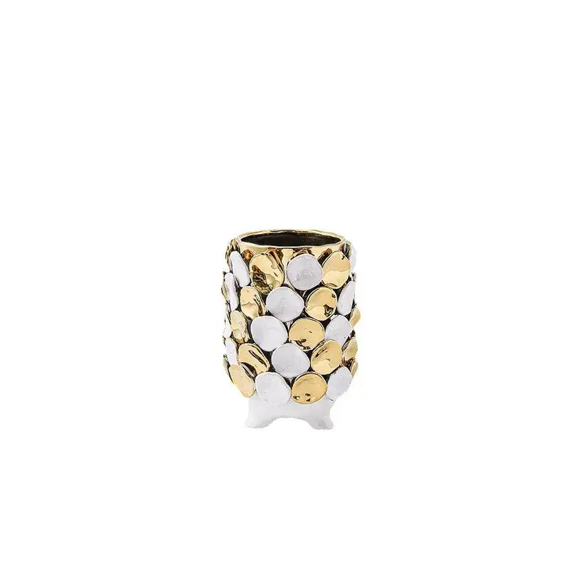 Geometric gold leaf relief ceramic vase white & gold living room decor