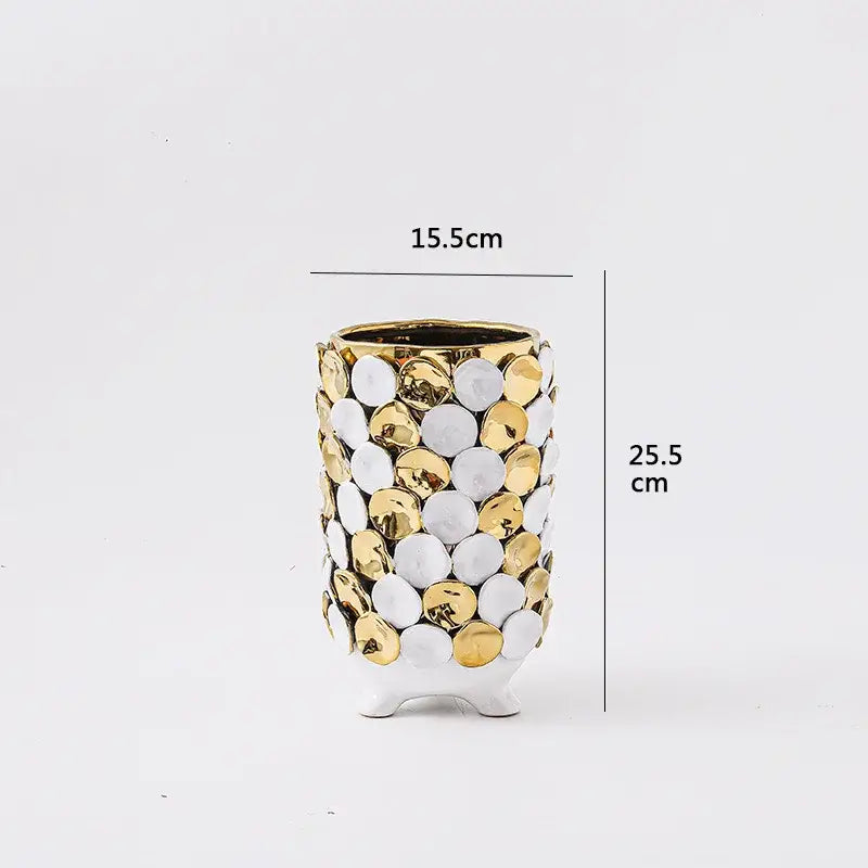Geometric gold leaf relief ceramic vase white & gold living room decor