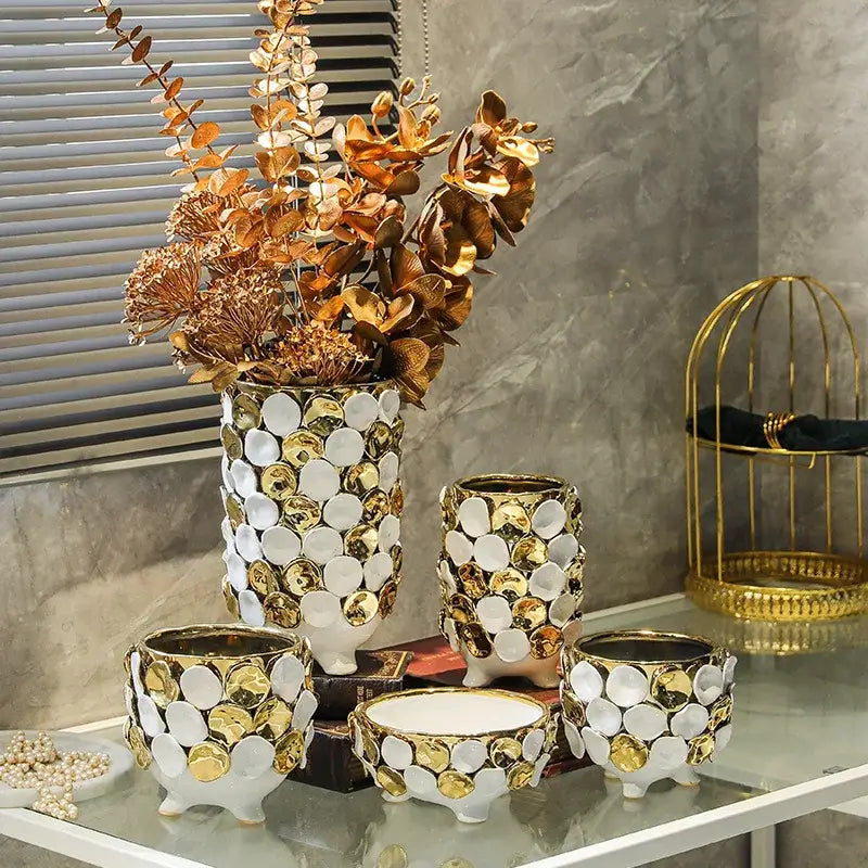 Geometric gold leaf relief ceramic vase white & gold living room decor