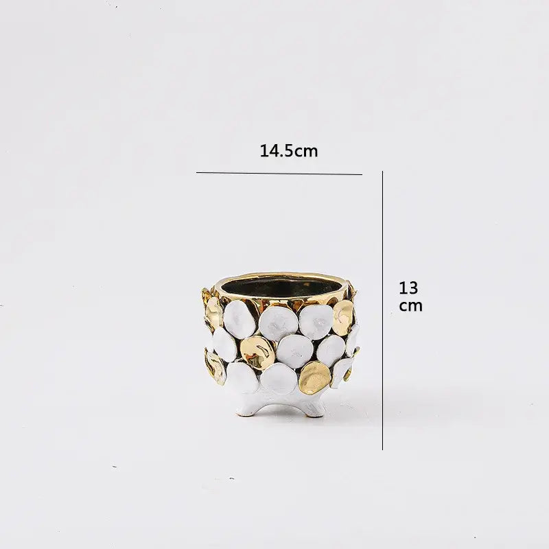 Geometric gold leaf relief ceramic vase white & gold living room decor