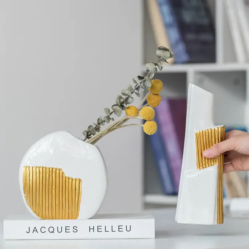 Geometric gold striped white ceramic vase for living room hydroponics