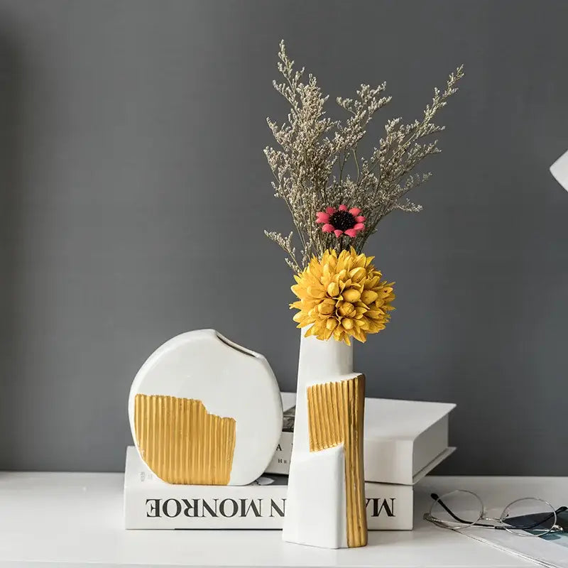Geometric gold striped white ceramic vase for living room hydroponics