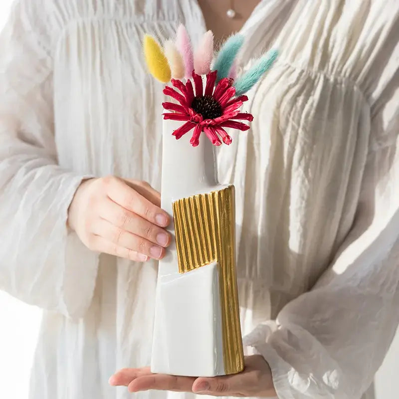 Geometric gold striped white ceramic vase for living room hydroponics