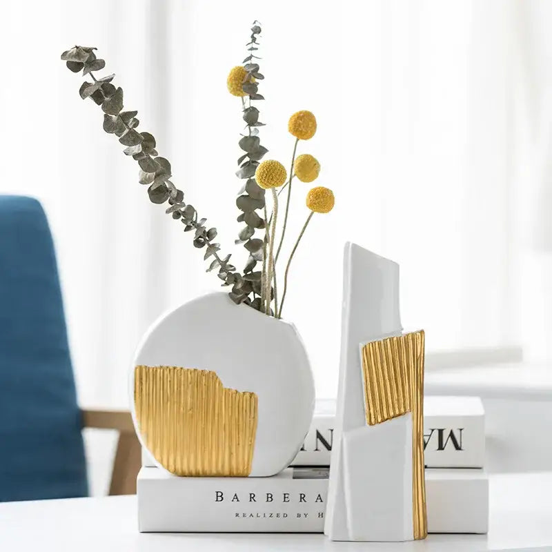 Geometric gold striped white ceramic vase for living room hydroponics
