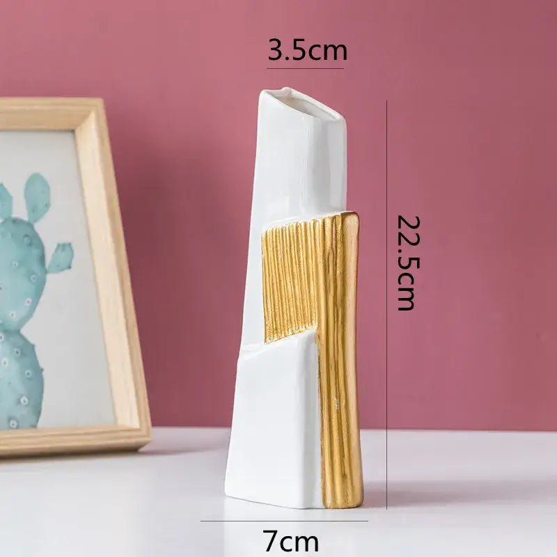 Geometric gold striped white ceramic vase for living room hydroponics