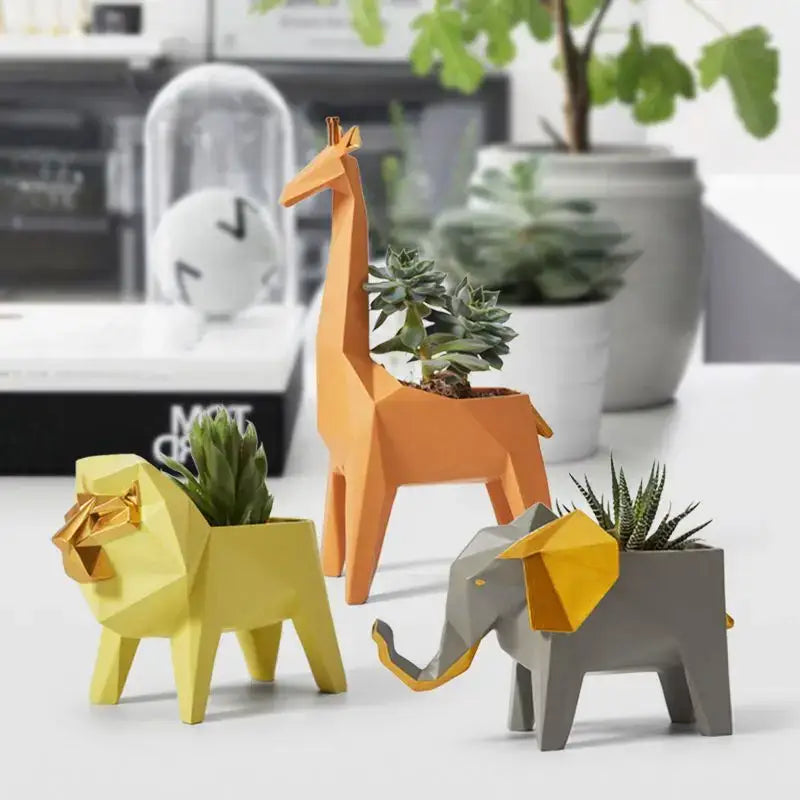 Geometric gray & orange giraffe 3d papercraft planter living room decor