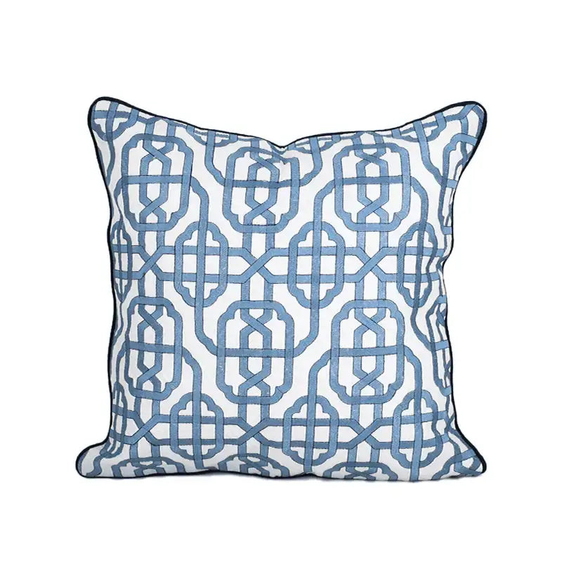 Geometric indigo blue & white embroidered pillow covers living room