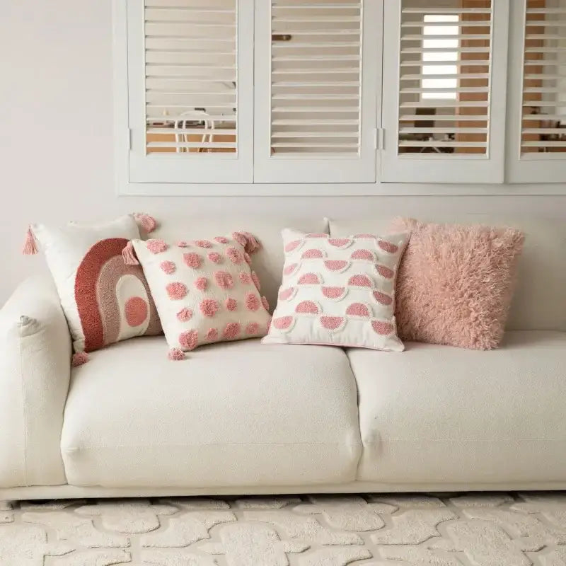 Geometric pink & white embroidered pillow covers living room decor