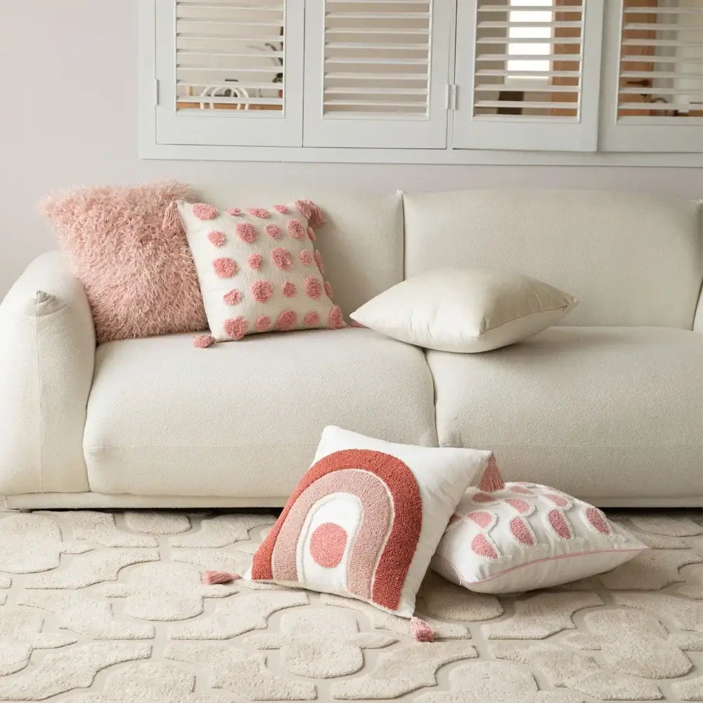 Geometric pink & white embroidered pillow covers living room decor