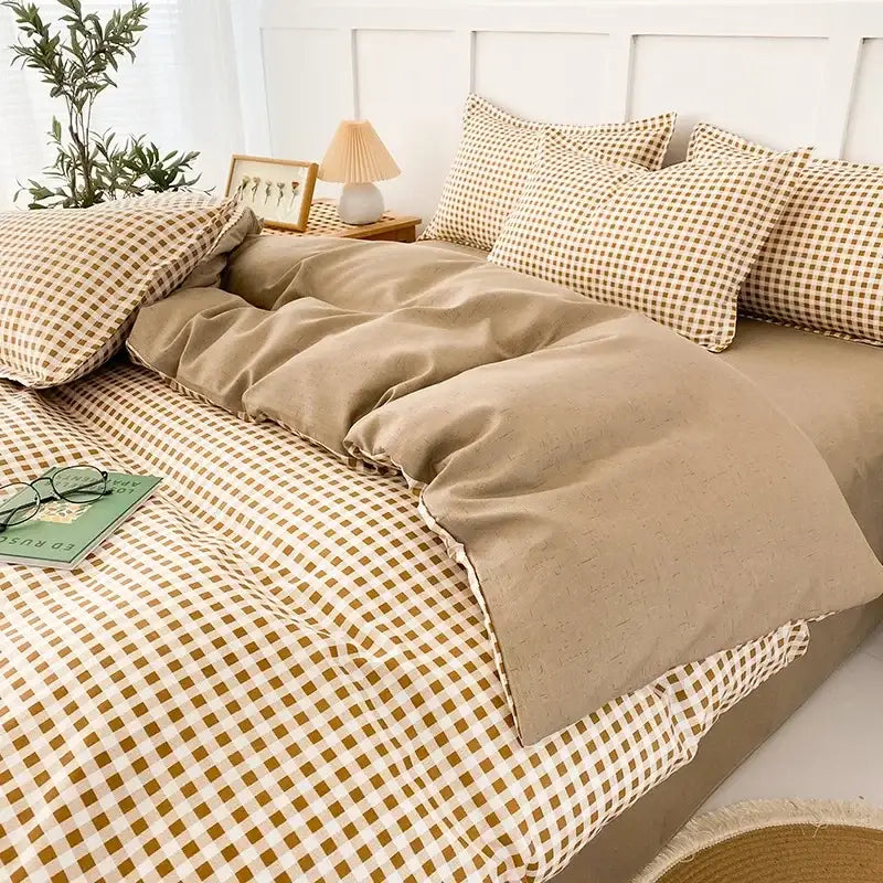 Geometric pink & white gingham ruffled quilt cover set bedroom