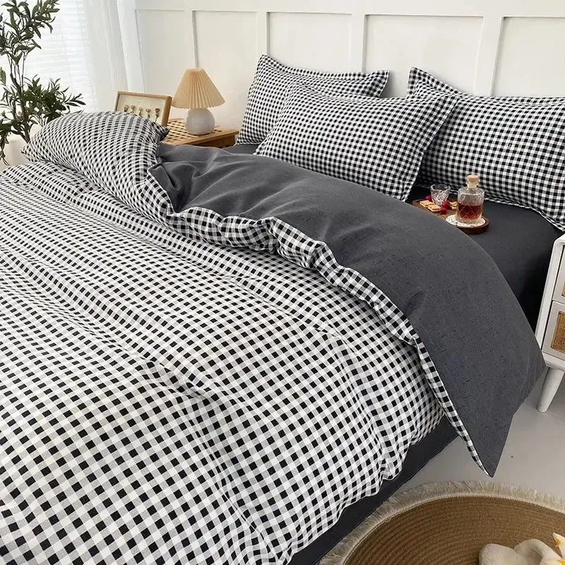 Geometric pink & white gingham ruffled quilt cover set bedroom