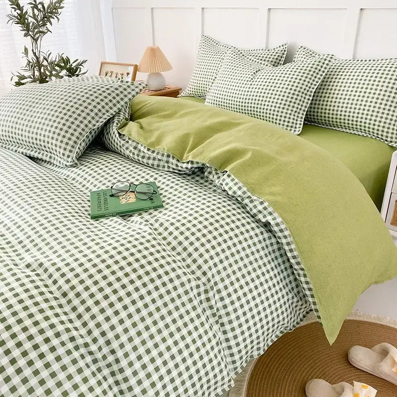 Geometric pink & white gingham ruffled quilt cover set bedroom