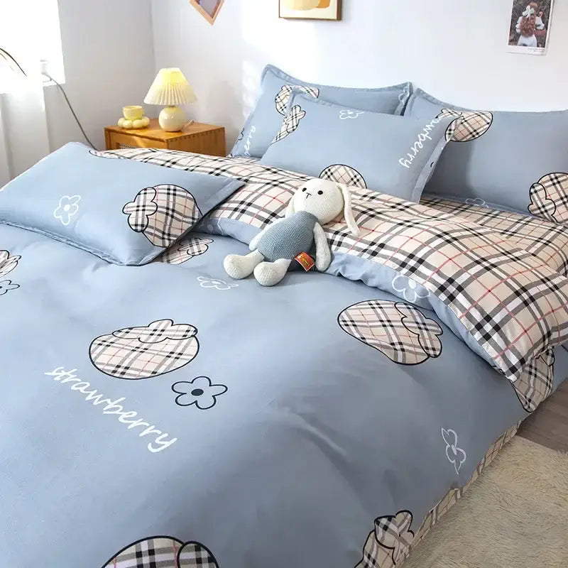 Geometric pink & white gingham ruffled quilt cover set bedroom