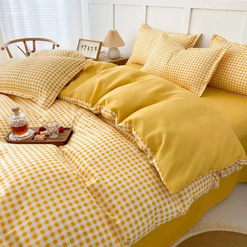 Geometric pink & white gingham ruffled quilt cover set bedroom