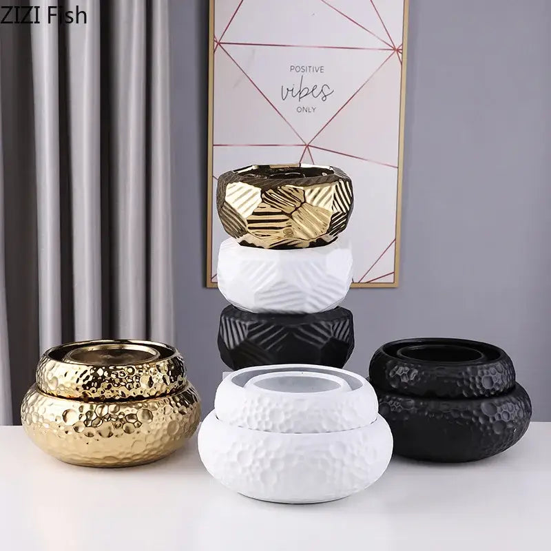 Geometric stacked ceramic vase living room gold white & black decor