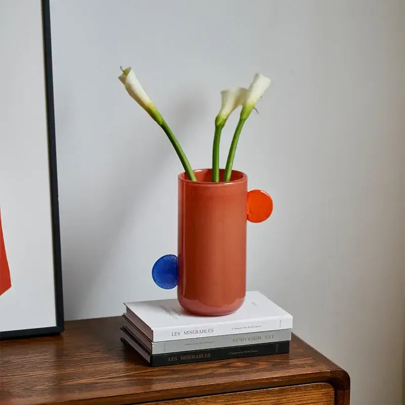 Geometric terracotta & blue ceramic vase living room decor accent