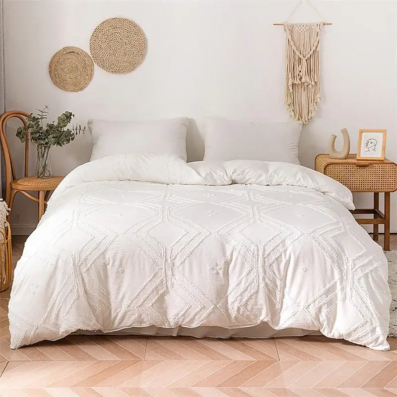 Geometric white quilted duvet cover set bedroom bedding