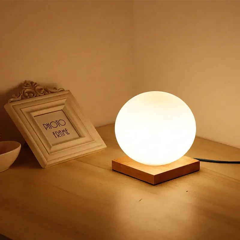 Glass ball led table lamp with wooden base for bedroom night light