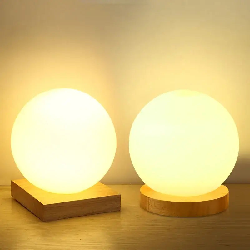 Glass ball led table lamp with wooden base for bedroom night light