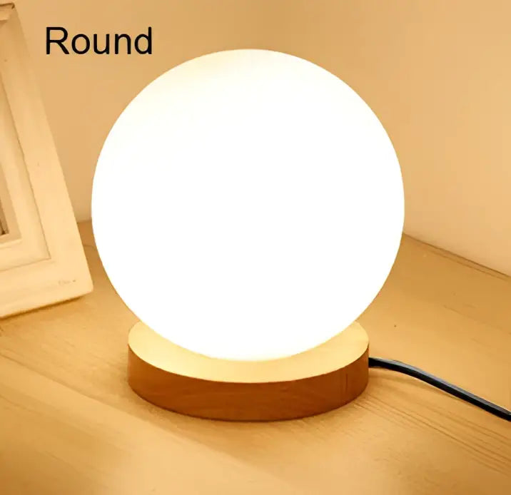 Glass ball led table lamp with wooden base for bedroom night light