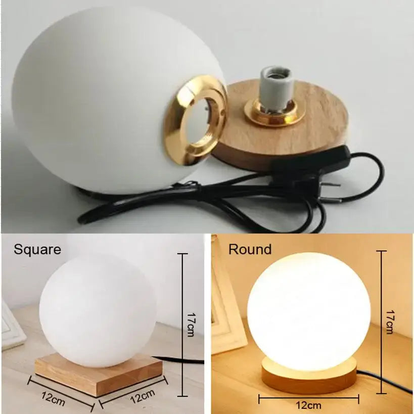 Glass ball led table lamp with wooden base for bedroom night light