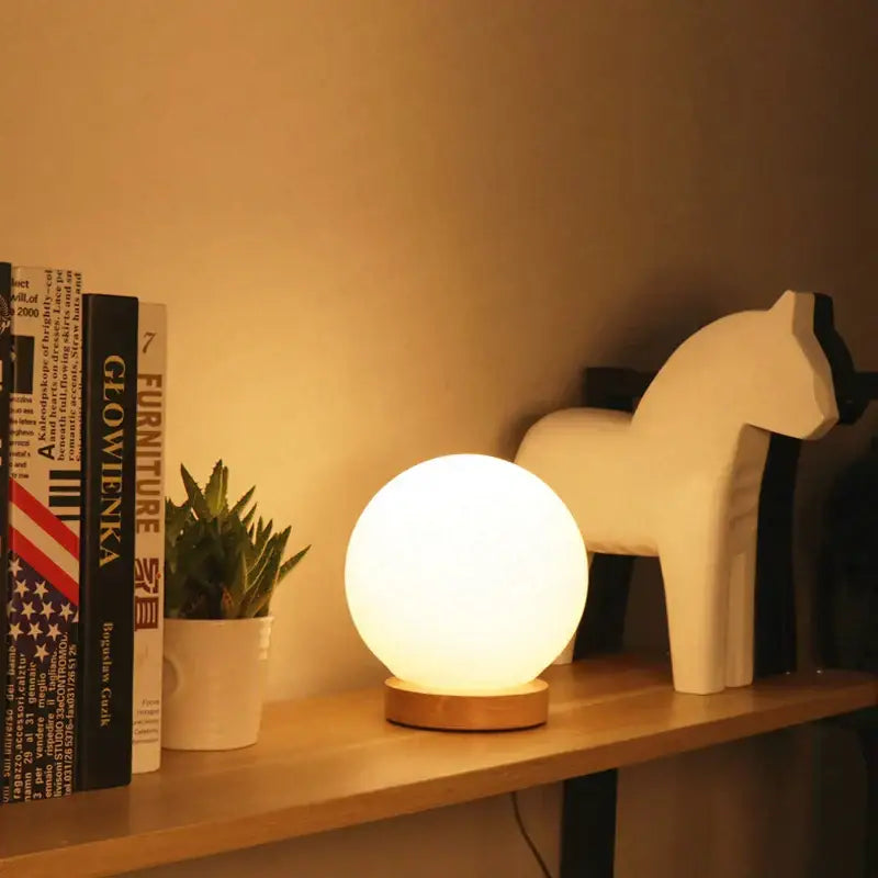 Glass ball led table lamp with wooden base for bedroom night light