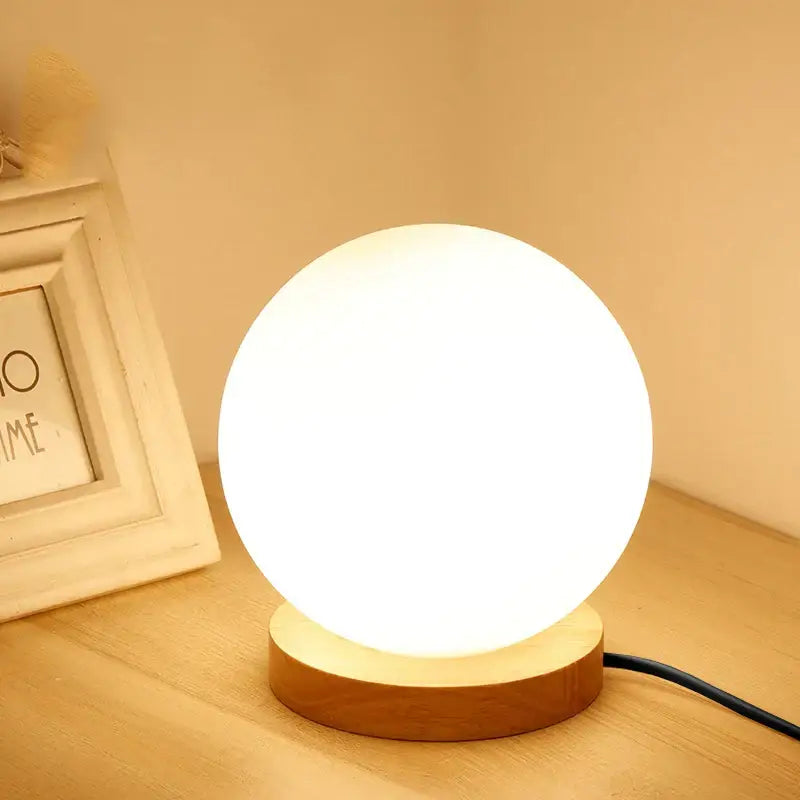 Glass ball led table lamp with wooden base for bedroom night light