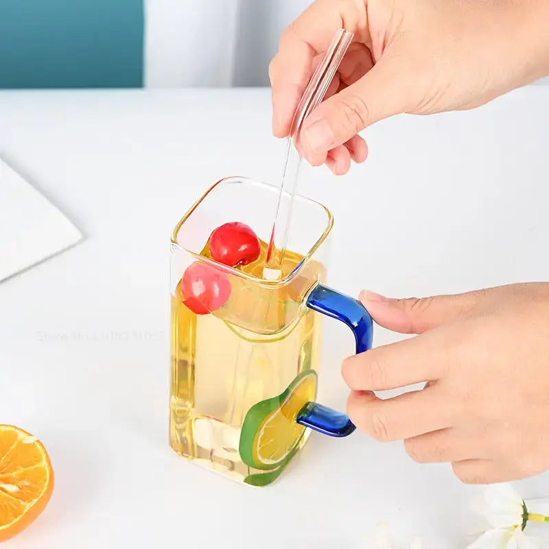 Glass drinking cups with straw and lid – kitchen colored handle mugs