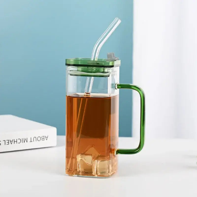 Glass drinking cups with straw and lid – kitchen colored handle mugs