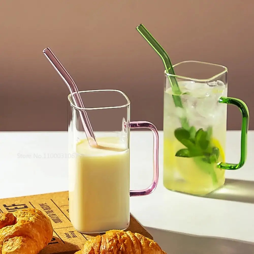 Glass drinking cups with straw and lid – kitchen colored handle mugs